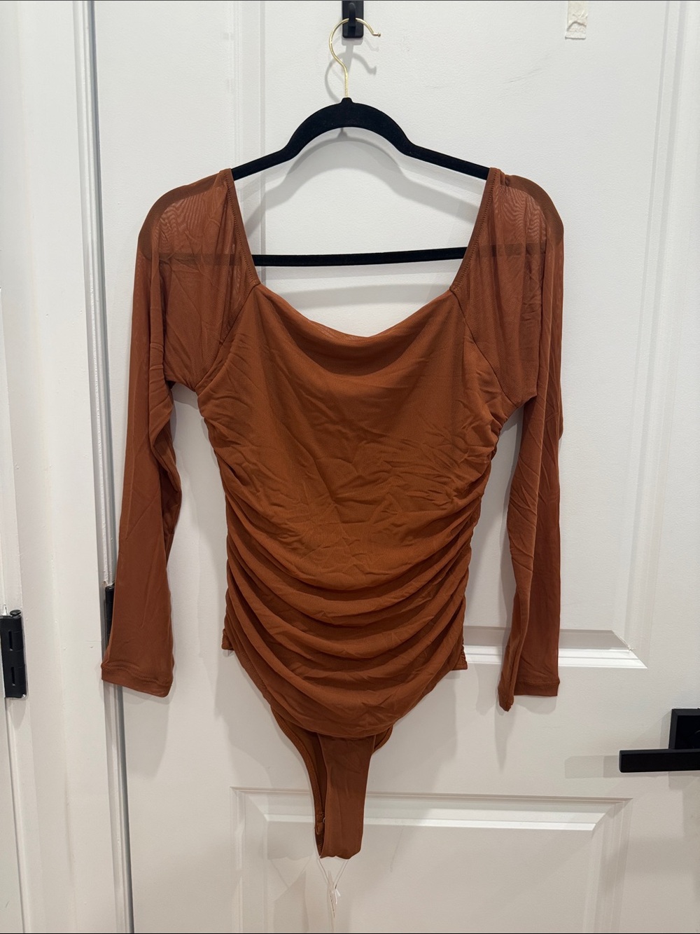 Ruched Long-Sleeve Bodysuit in Rust Brown - Women's Top